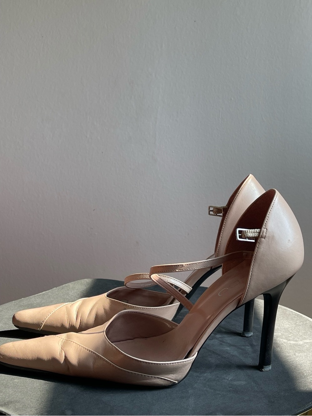 Vintage Women's Nude Sharp Pointed-Toe Strappy High Heels